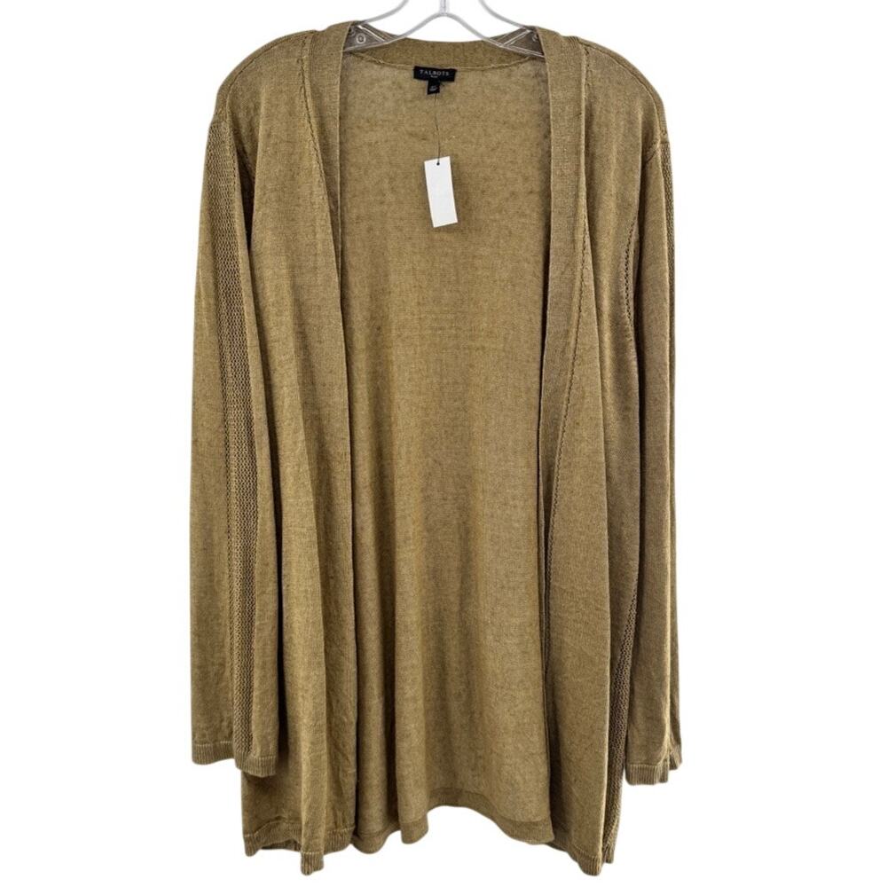 Talbots Linen Open Front Cardigan Tan Oatmeal Sz 2X Open Knit